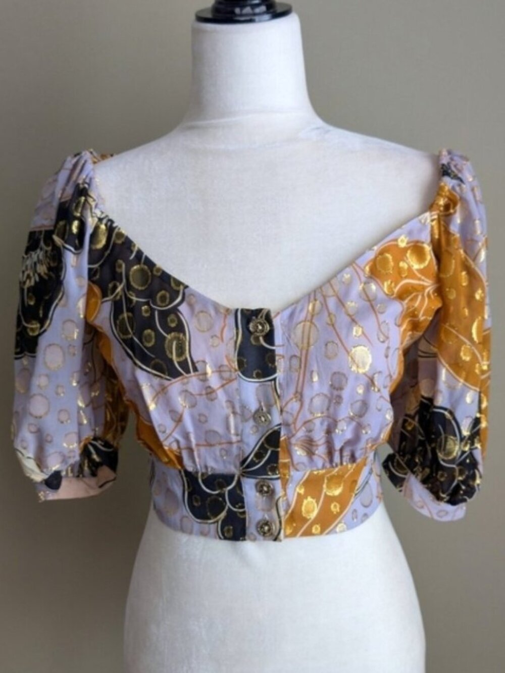 Marciano Guess silk gold puff sleeve button down blouse